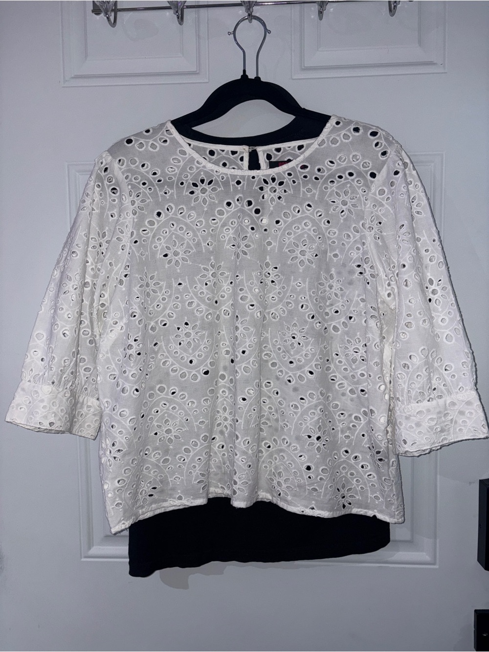 White Eyelet Embroidered Blouse with Three-Quarter Sleeves